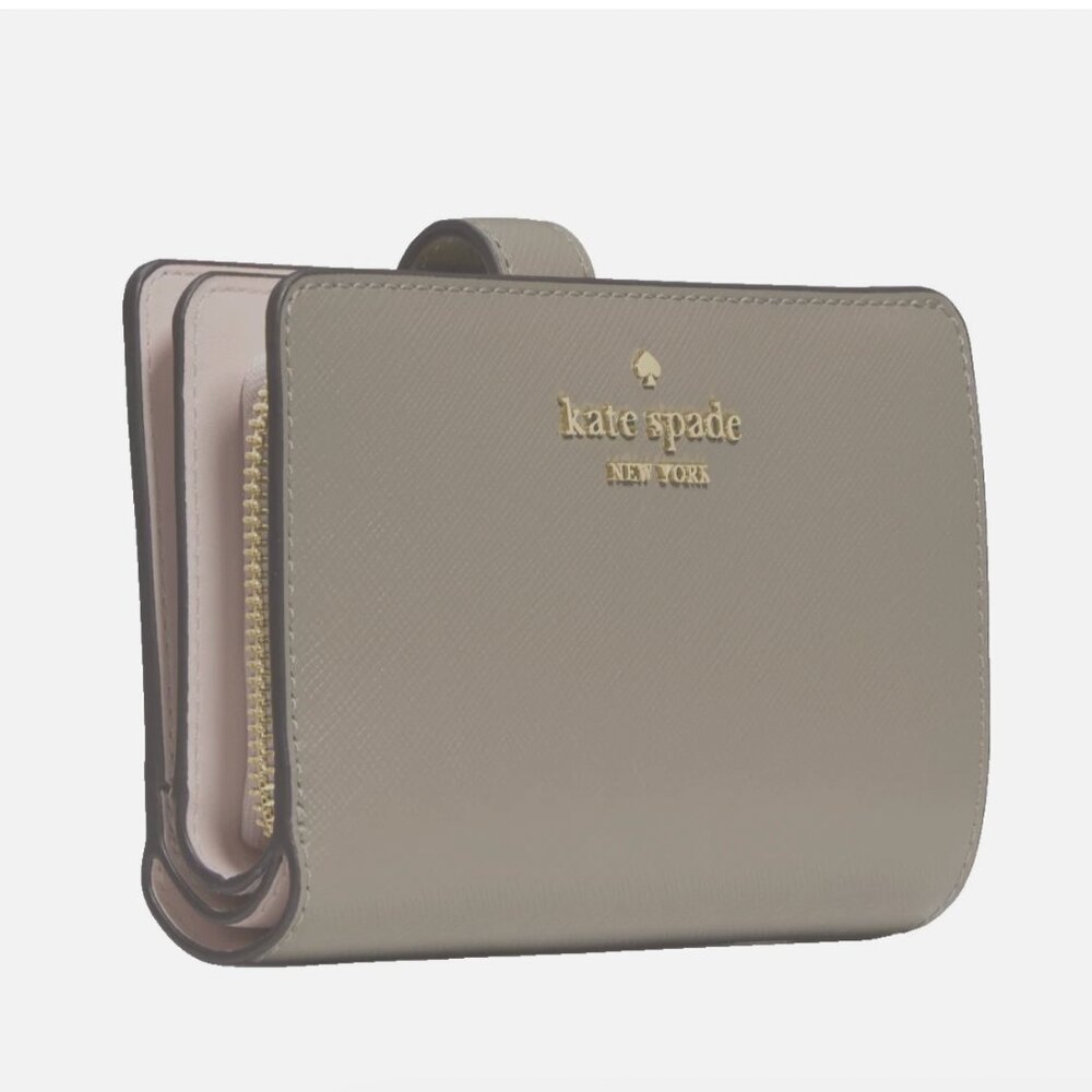New Kate Spade Medium Compact Bifold Wallet Saffiano Leather Oyster Shell